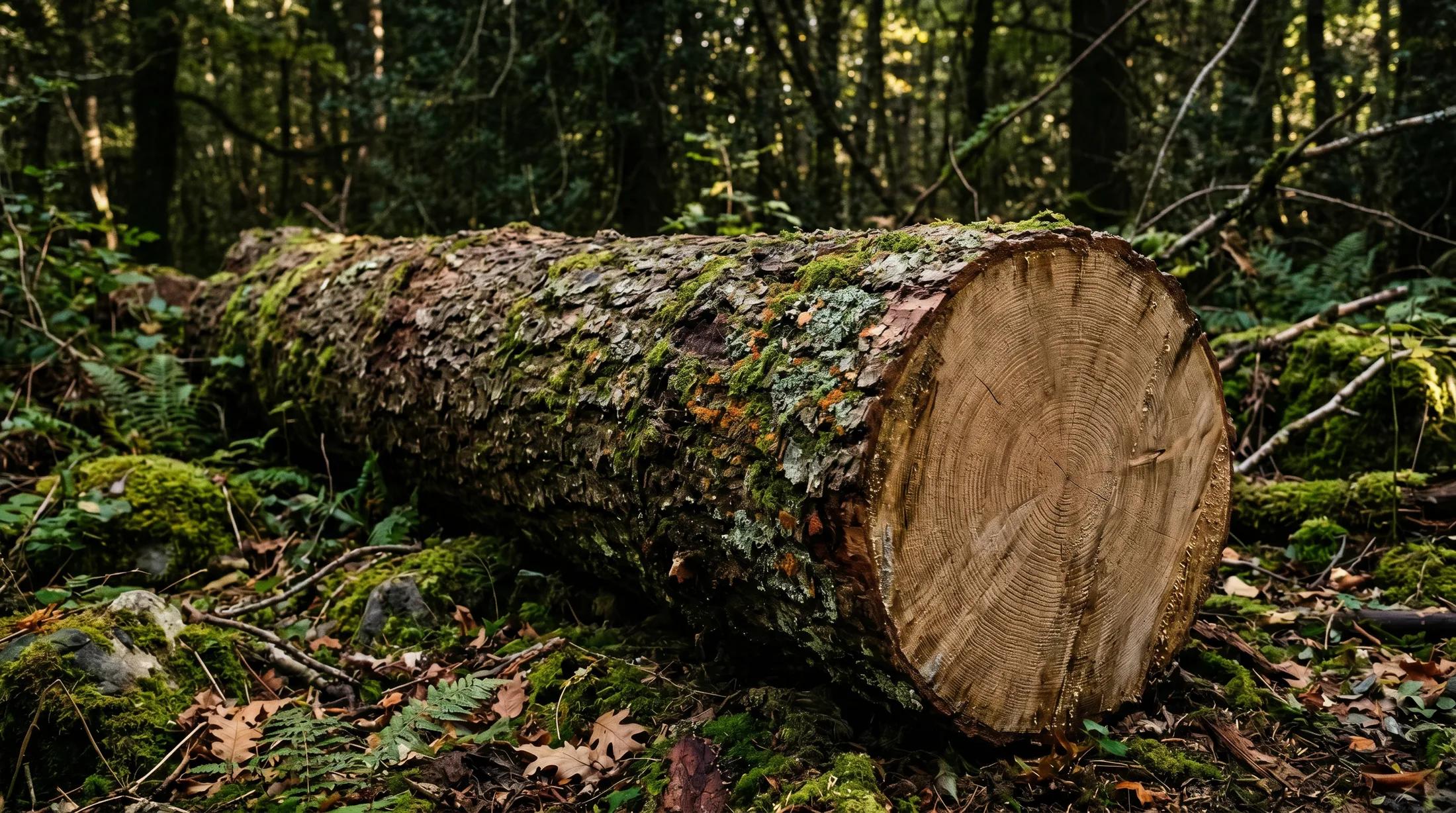 Tronc de pi acabat de tallar al bosc, amb els anells de creixement visibles